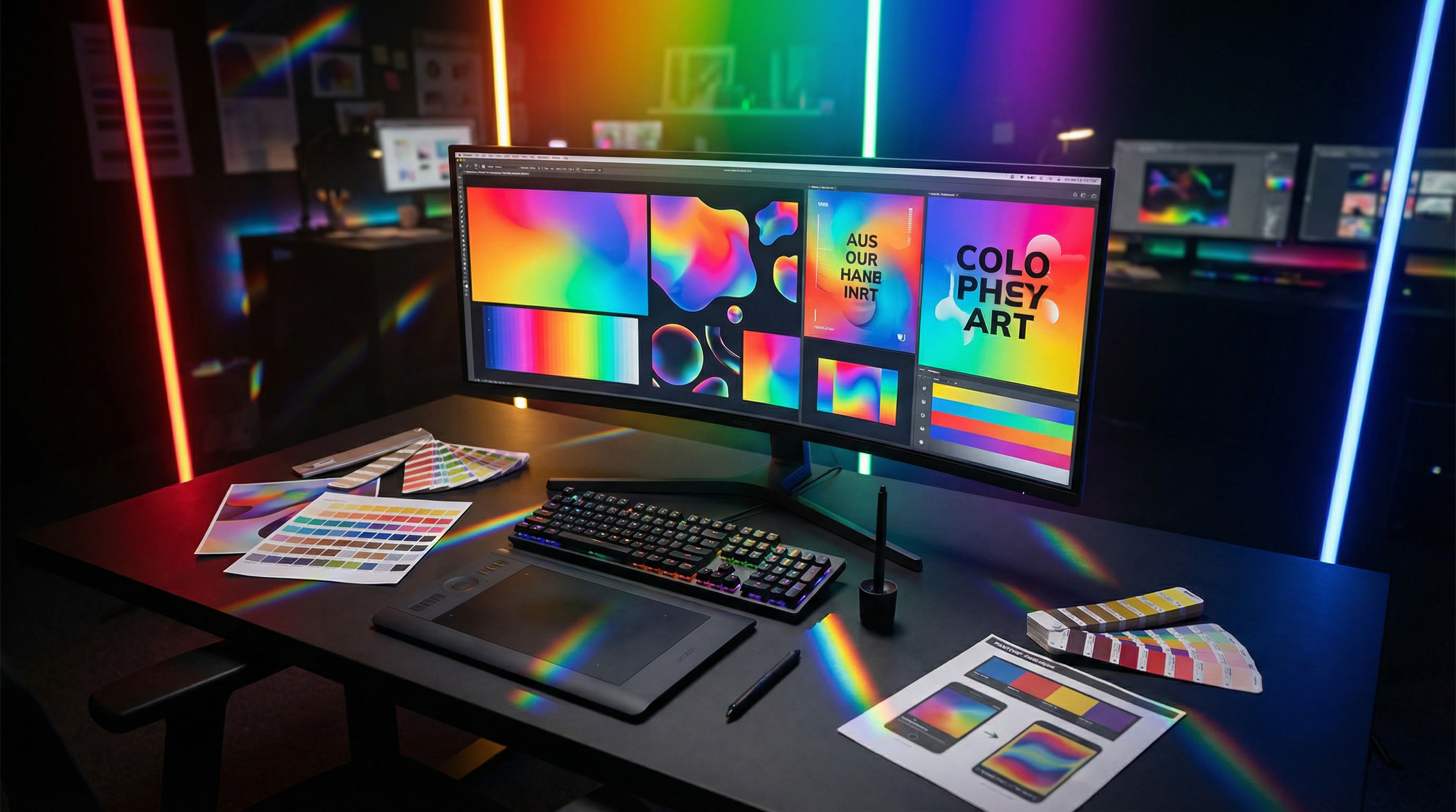 Creative design workspace with colorful displays