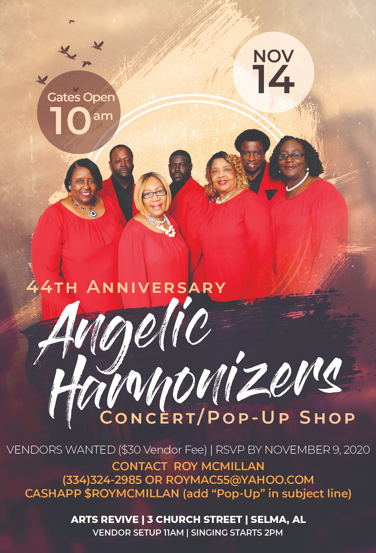 Angelic Harmonizers anniversary concert and pop-up shop flyer